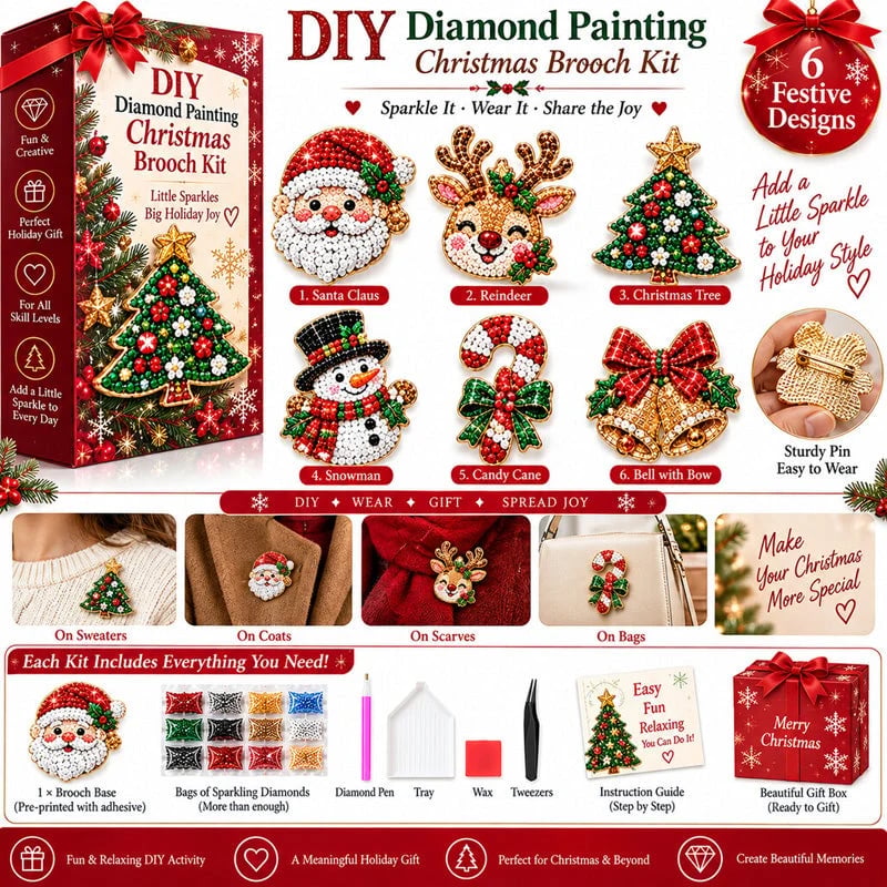 🔥🎄6 Sparkling Christmas Brooches - A Beginner-Friendly Diamond Painting Kit For Cozy Family Crafting, Festive Outfits And Heartfelt Handmade Gifts💎